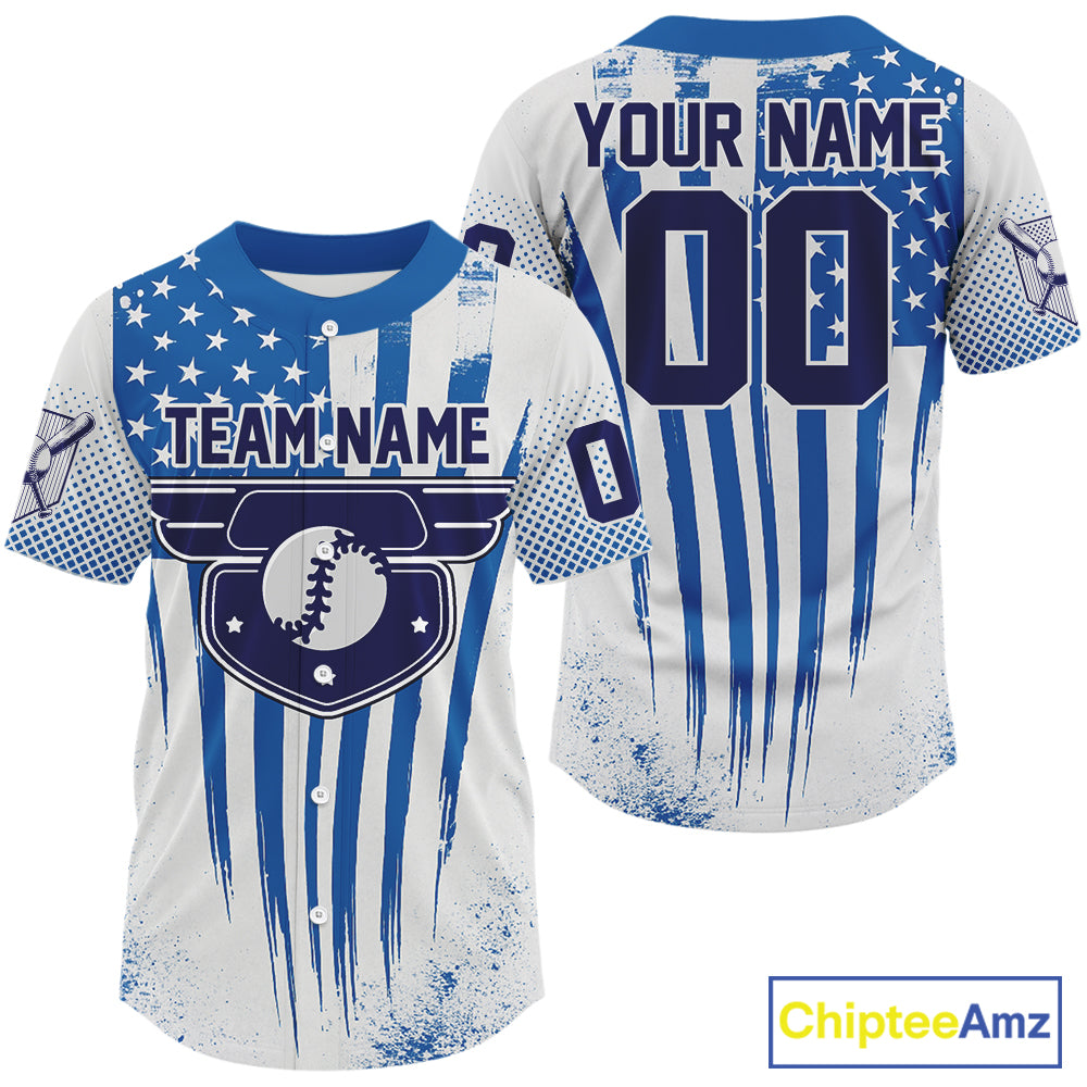 Custom Blue And White Patriotic Baseball Ball Shirt US Flag Baseball Team Jerseys