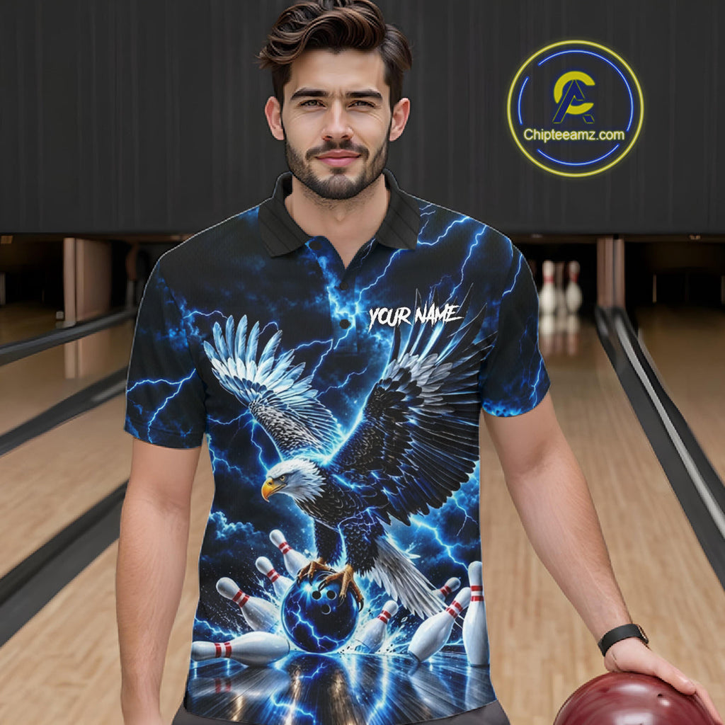 Blue Fierce Eagle Bowling Shirt Personalized Thunder Lightning Bowler Polo 1/4-Zip Jersey