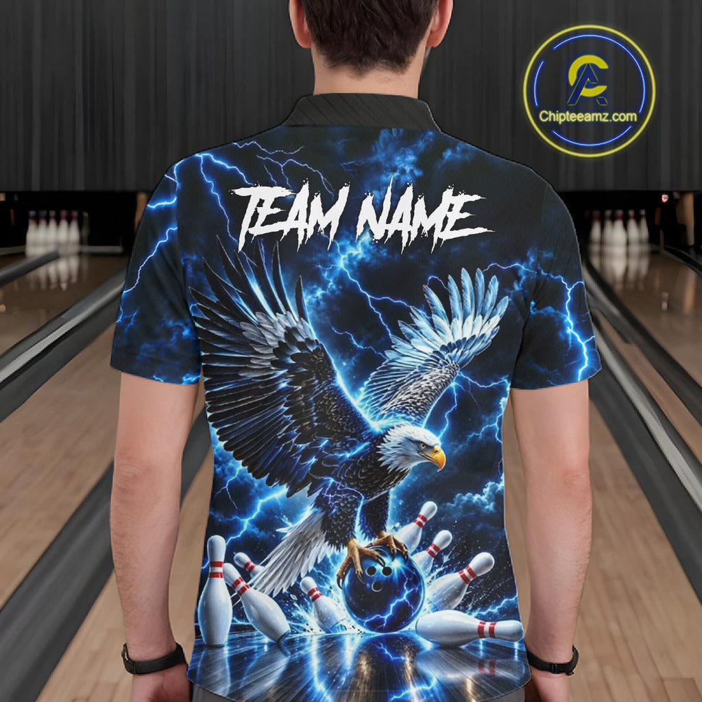 Blue Fierce Eagle Bowling Shirt Personalized Thunder Lightning Bowler Polo 1/4-Zip Jersey
