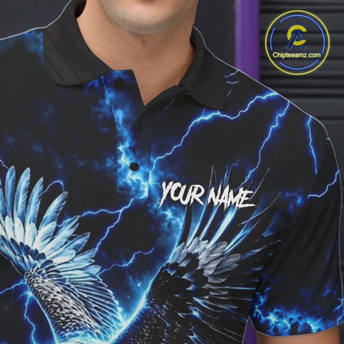 Blue Fierce Eagle Bowling Shirt Personalized Thunder Lightning Bowler Polo 1/4-Zip Jersey