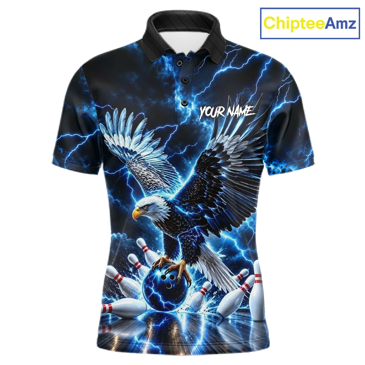 Blue Fierce Eagle Bowling Shirt Personalized Thunder Lightning Bowler Polo 1/4-Zip Jersey