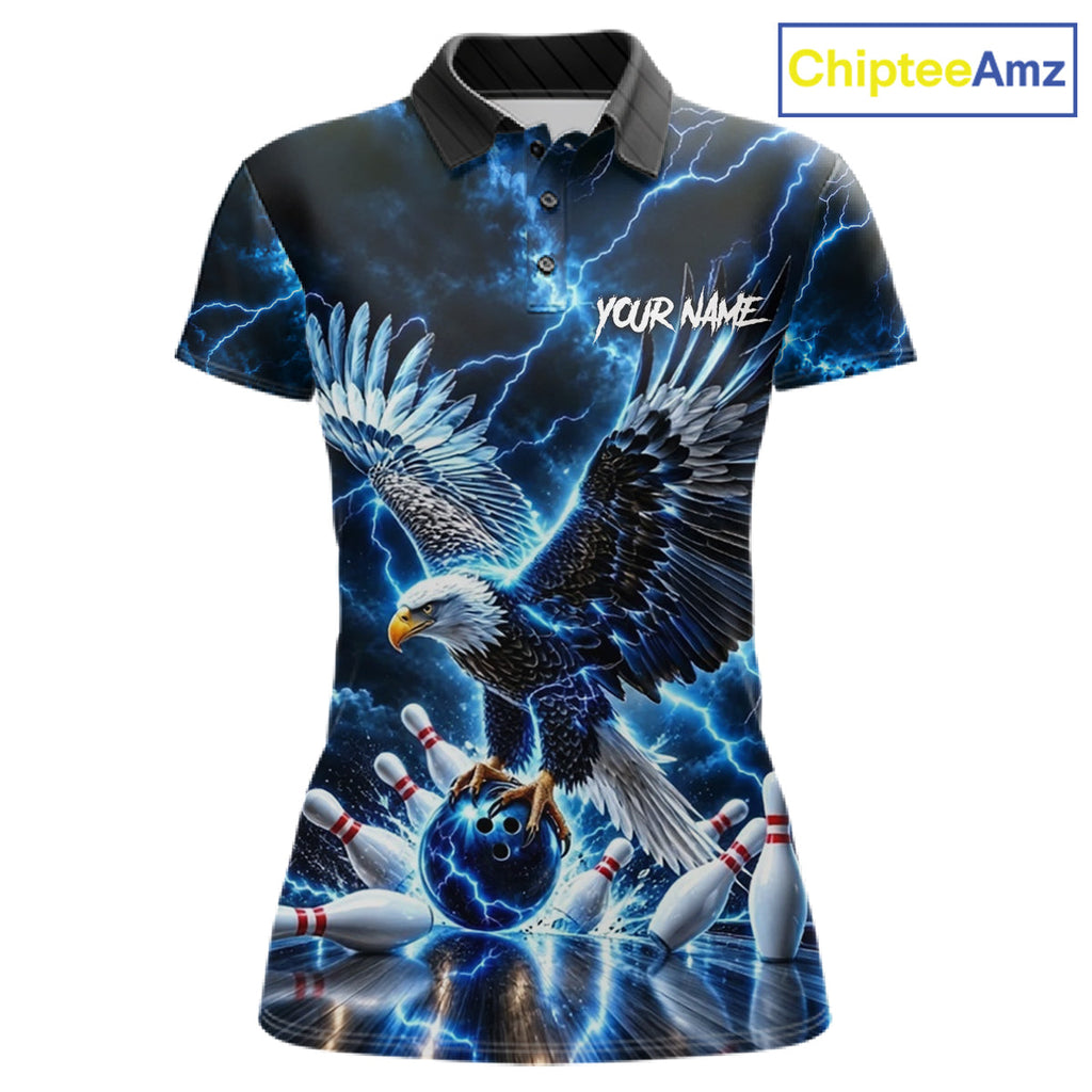 Blue Fierce Eagle Bowling Shirt Personalized Thunder Lightning Bowler Polo 1/4-Zip Jersey