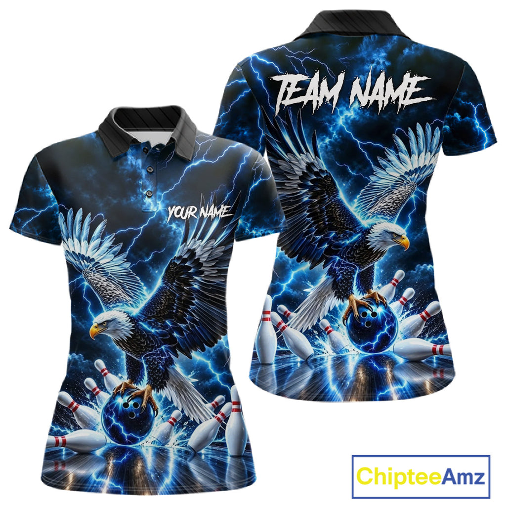 Blue Fierce Eagle Bowling Shirt Personalized Thunder Lightning Bowler Polo 1/4-Zip Jersey