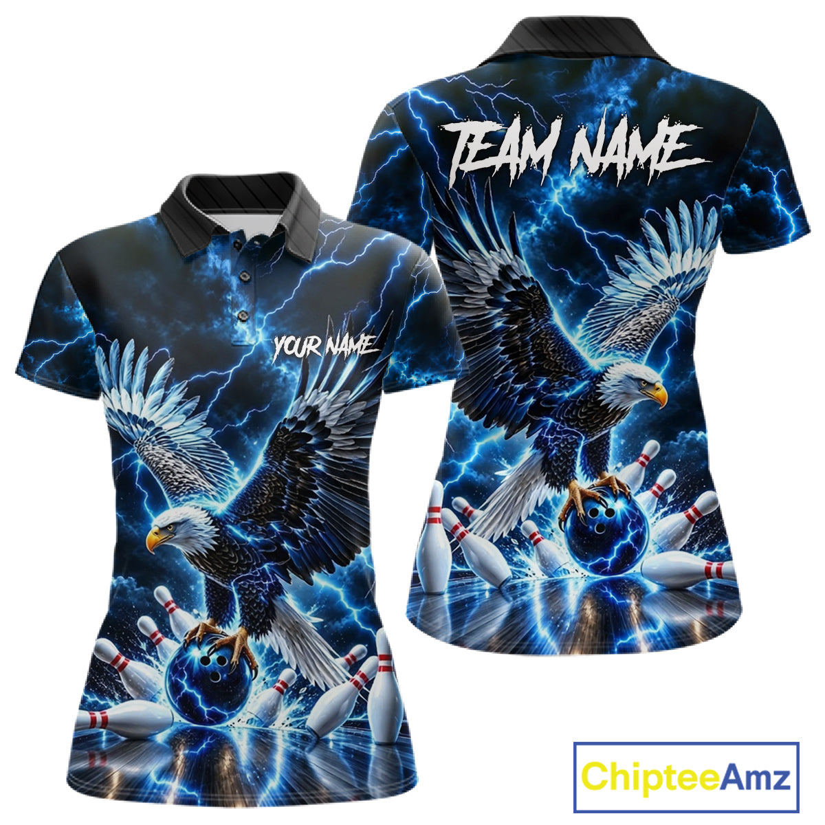 Blue Fierce Eagle Bowling Shirt Personalized Thunder Lightning Bowler Polo 1/4-Zip Jersey