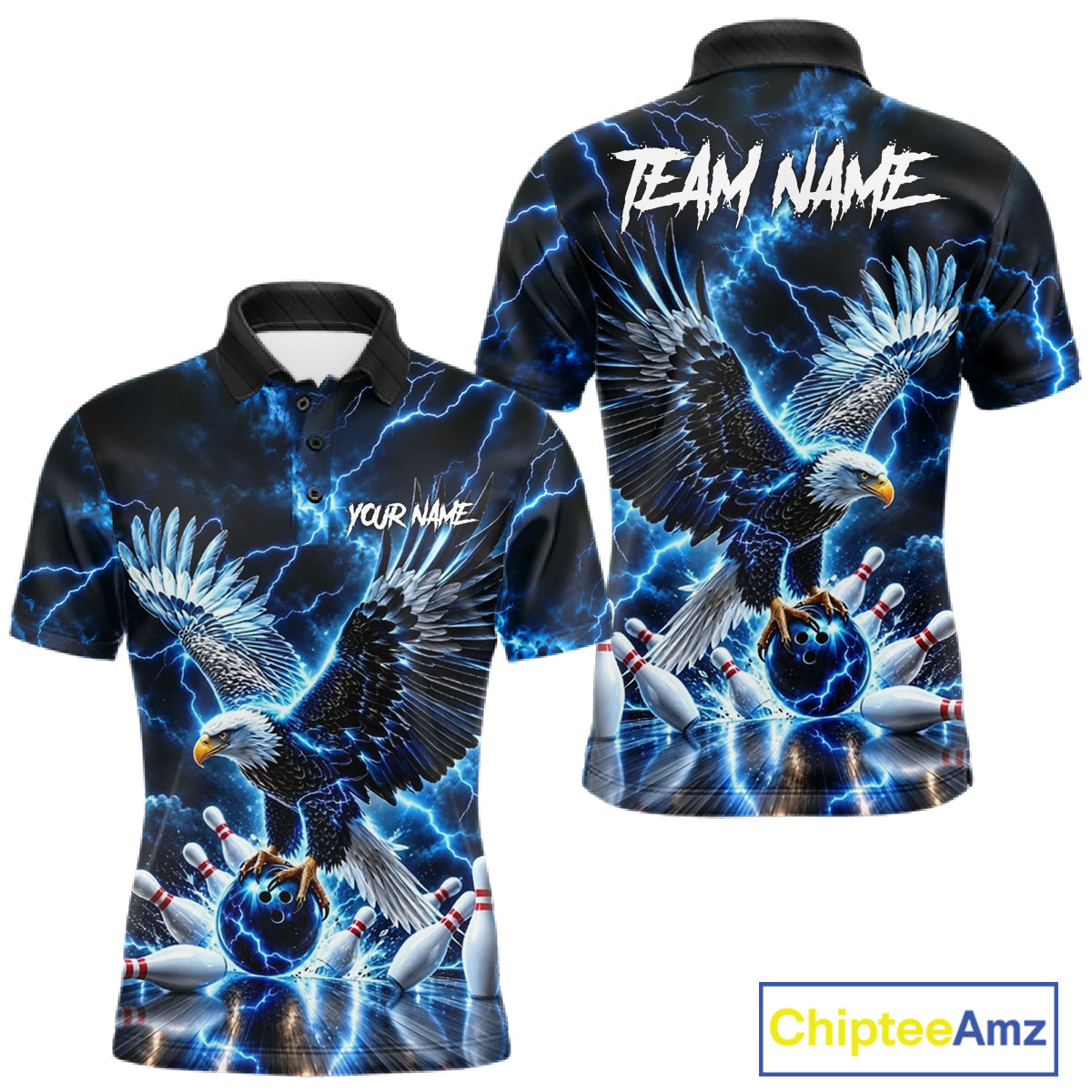 Blue Fierce Eagle Bowling Shirt Personalized Thunder Lightning Bowler Polo 1/4-Zip Jersey