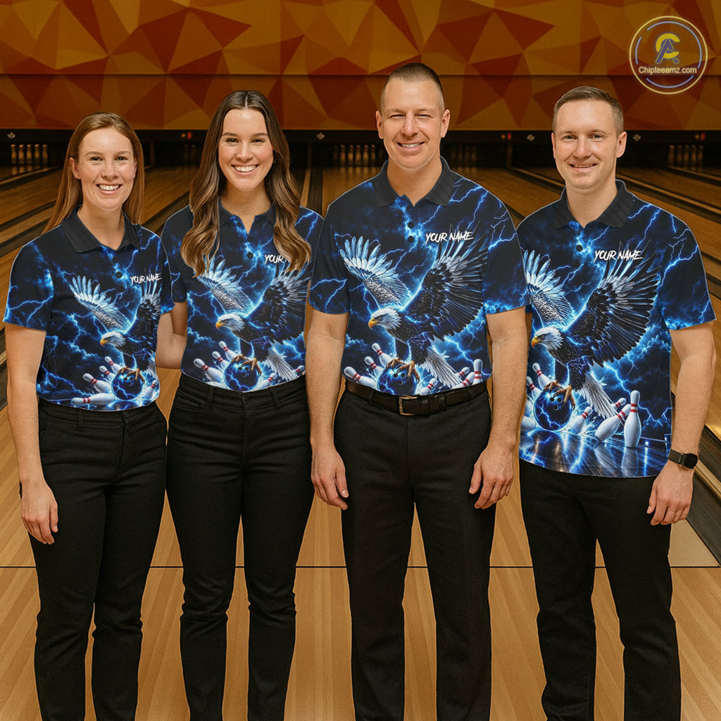 Blue Fierce Eagle Bowling Shirt Personalized Thunder Lightning Bowler Polo 1/4-Zip Jersey