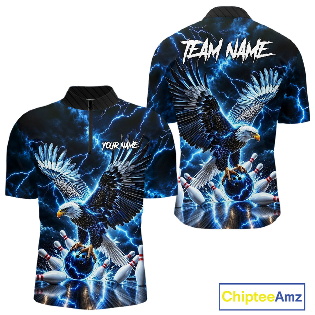 Blue Fierce Eagle Bowling Shirt Personalized Thunder Lightning Bowler Polo 1/4-Zip Jersey