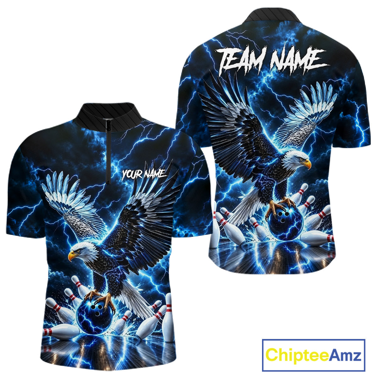 Blue Fierce Eagle Bowling Shirt Personalized Thunder Lightning Bowler Polo 1/4-Zip Jersey