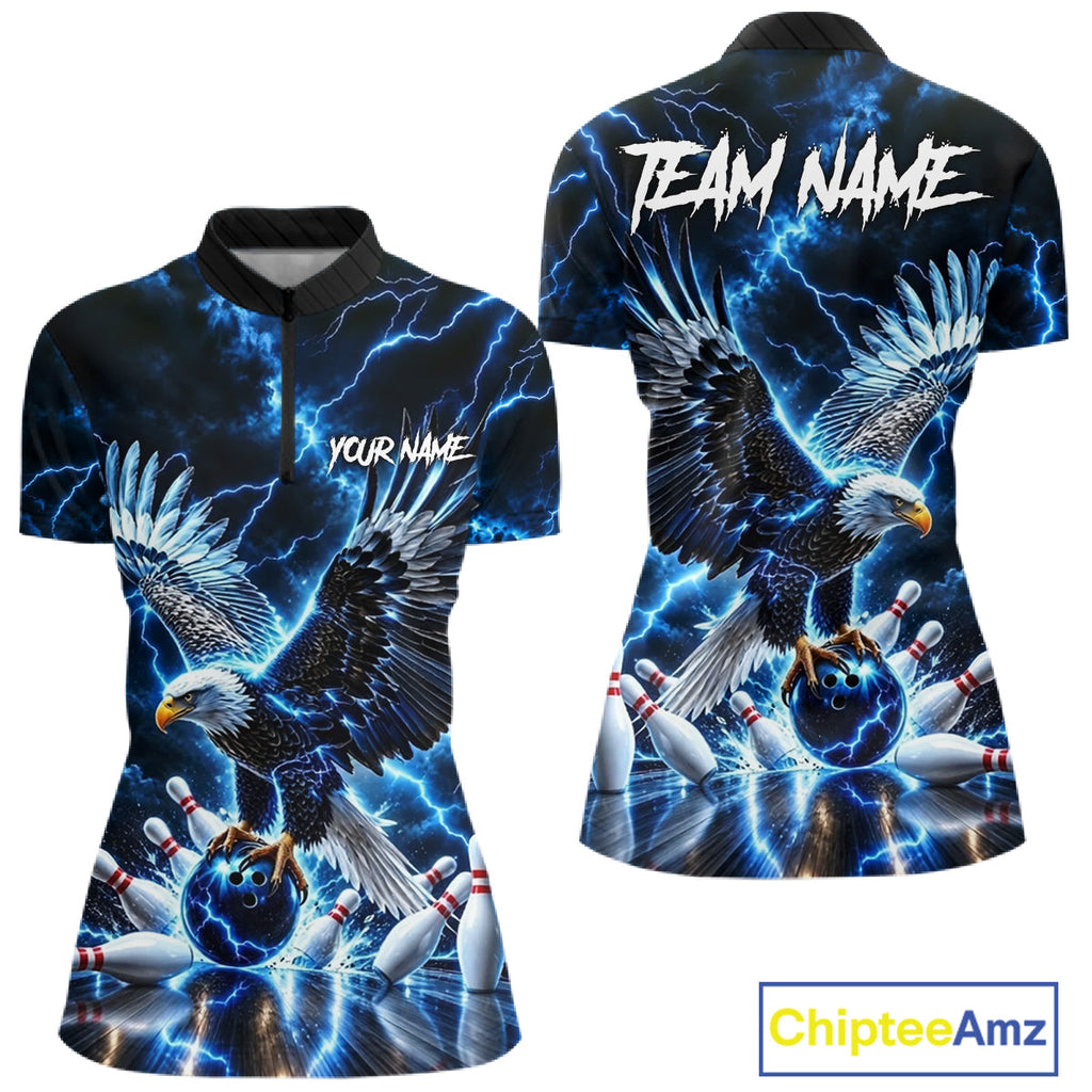 Blue Fierce Eagle Bowling Shirt Personalized Thunder Lightning Bowler Polo 1/4-Zip Jersey