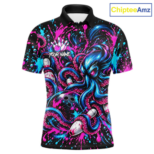 Pink Blue Octopus Bowling Shirt Custom Name Paint Splatter Polo 1/4-Zip Bowling League Tournament