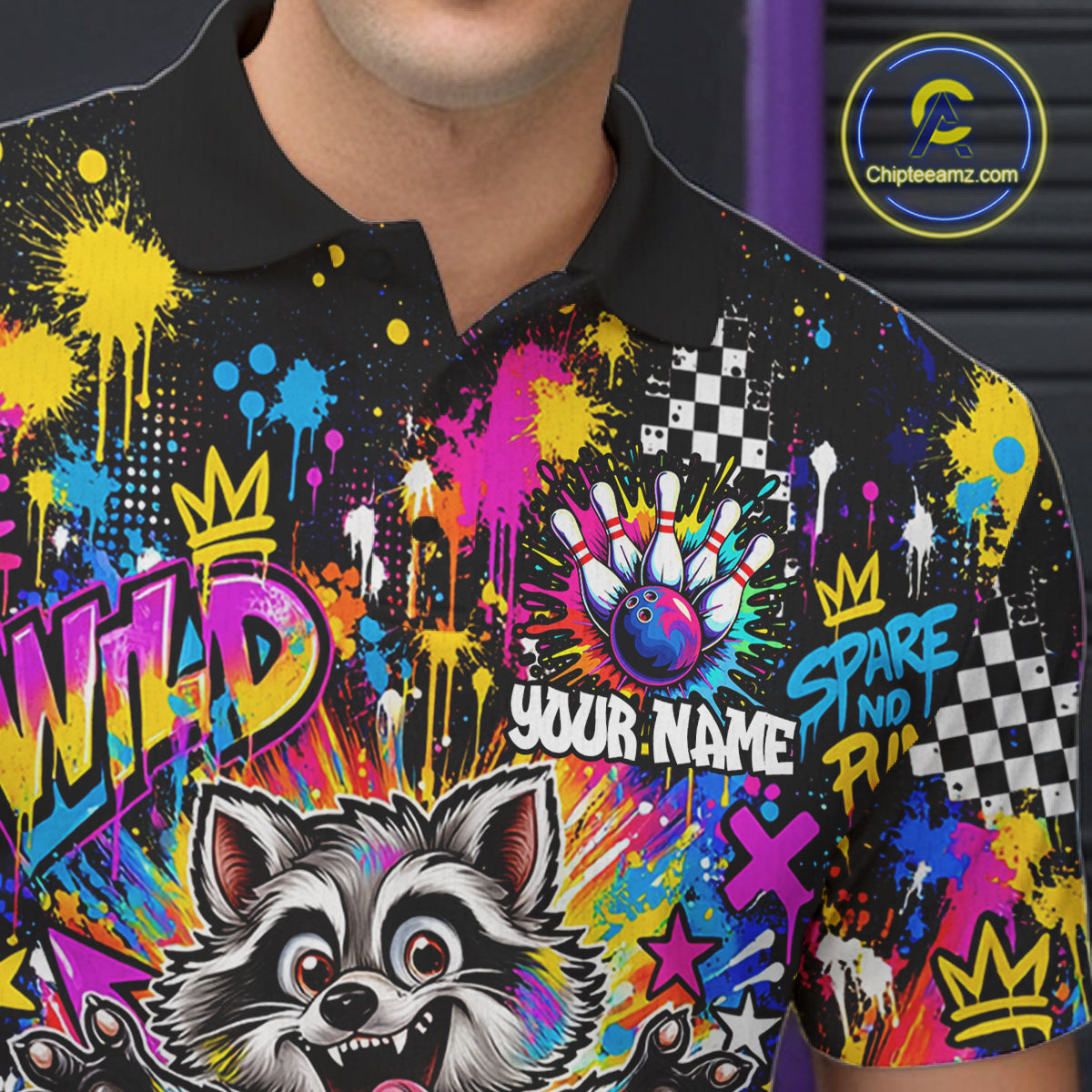 Funny Raccoon Bowling Polo 1/4-Zip Shirt Colorful Splatter Graffiti Bowling Team League