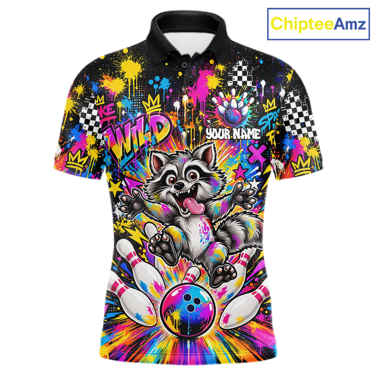 Funny Raccoon Bowling Polo 1/4-Zip Shirt Colorful Splatter Graffiti Bowling Team League