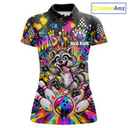 Funny Raccoon Bowling Polo 1/4-Zip Shirt Colorful Splatter Graffiti Bowling Team League