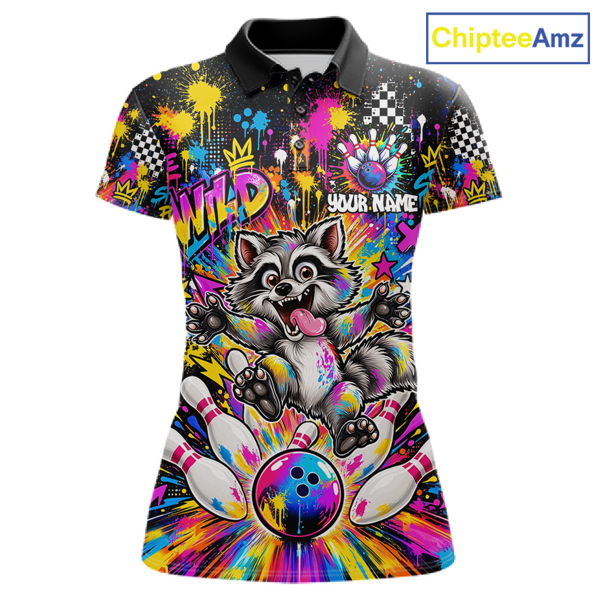 Funny Raccoon Bowling Polo 1/4-Zip Shirt Colorful Splatter Graffiti Bowling Team League