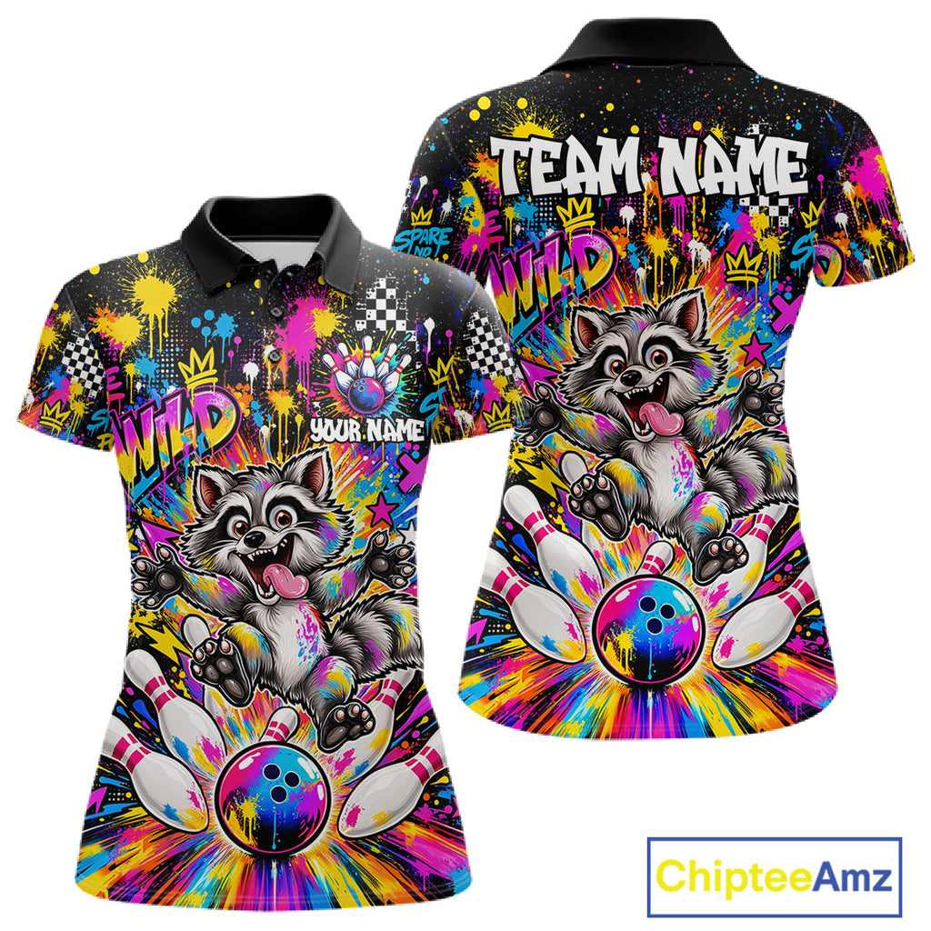 Funny Raccoon Bowling Polo 1/4-Zip Shirt Colorful Splatter Graffiti Bowling Team League