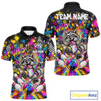 Funny Raccoon Bowling Polo 1/4-Zip Shirt Colorful Splatter Graffiti Bowling Team League