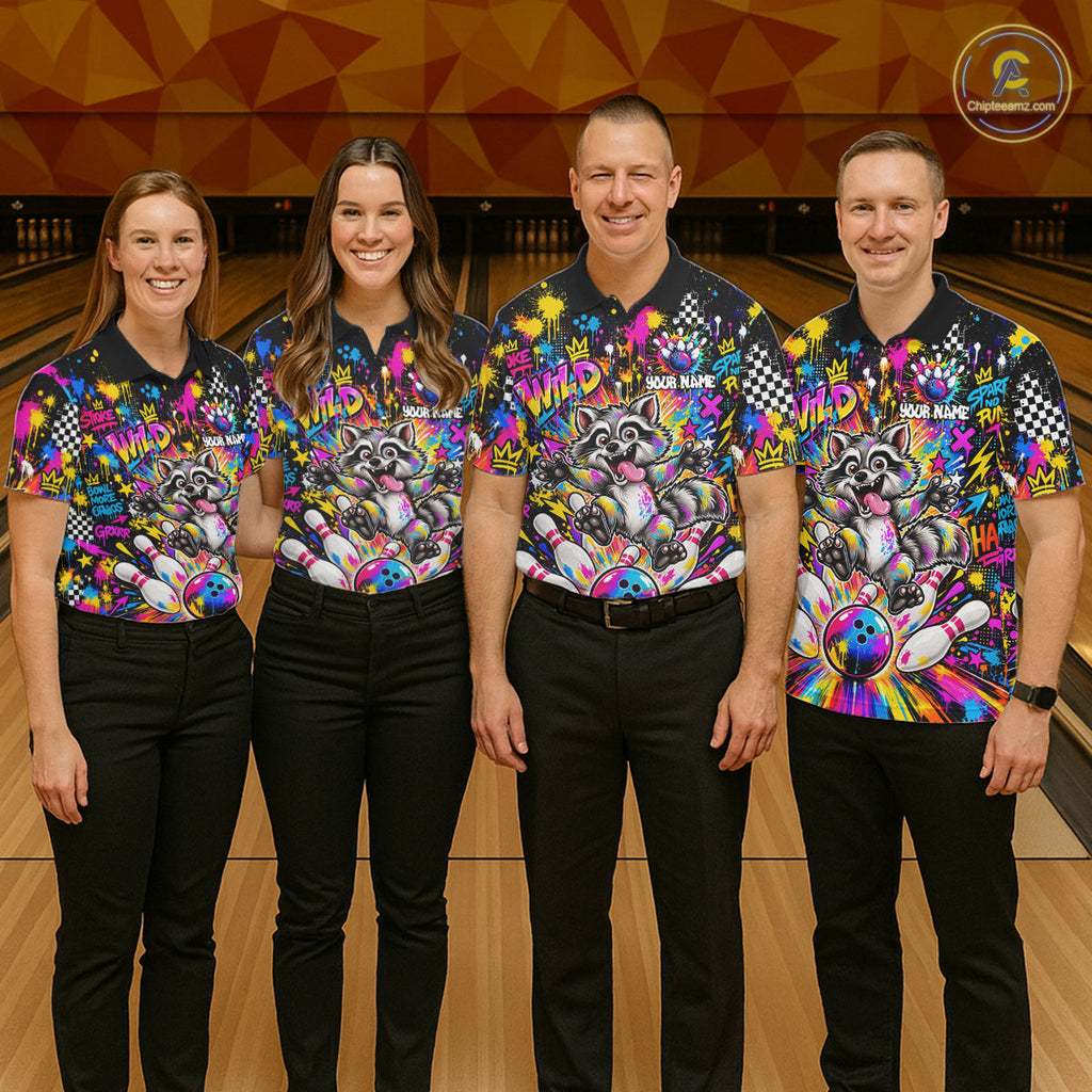Funny Raccoon Bowling Polo 1/4-Zip Shirt Colorful Splatter Graffiti Bowling Team League