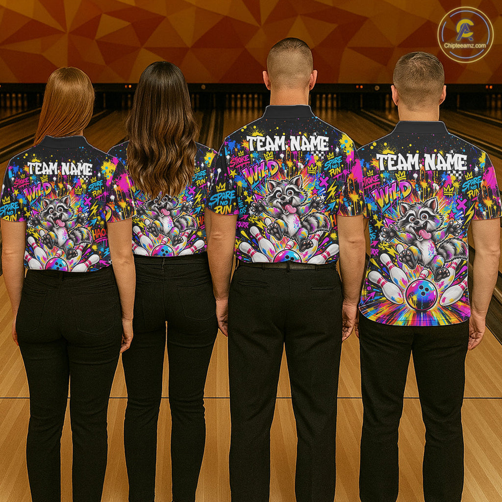 Funny Raccoon Bowling Polo 1/4-Zip Shirt Colorful Splatter Graffiti Bowling Team League