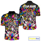 Funny Raccoon Bowling Polo 1/4-Zip Shirt Colorful Splatter Graffiti Bowling Team League