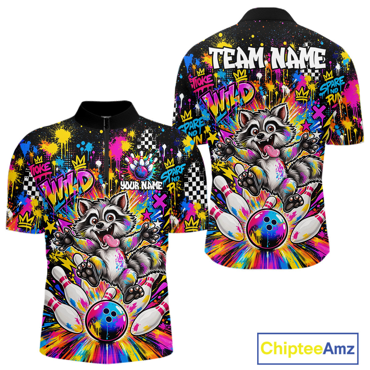 Funny Raccoon Bowling Polo 1/4-Zip Shirt Colorful Splatter Graffiti Bowling Team League