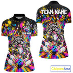 Funny Raccoon Bowling Polo 1/4-Zip Shirt Colorful Splatter Graffiti Bowling Team League