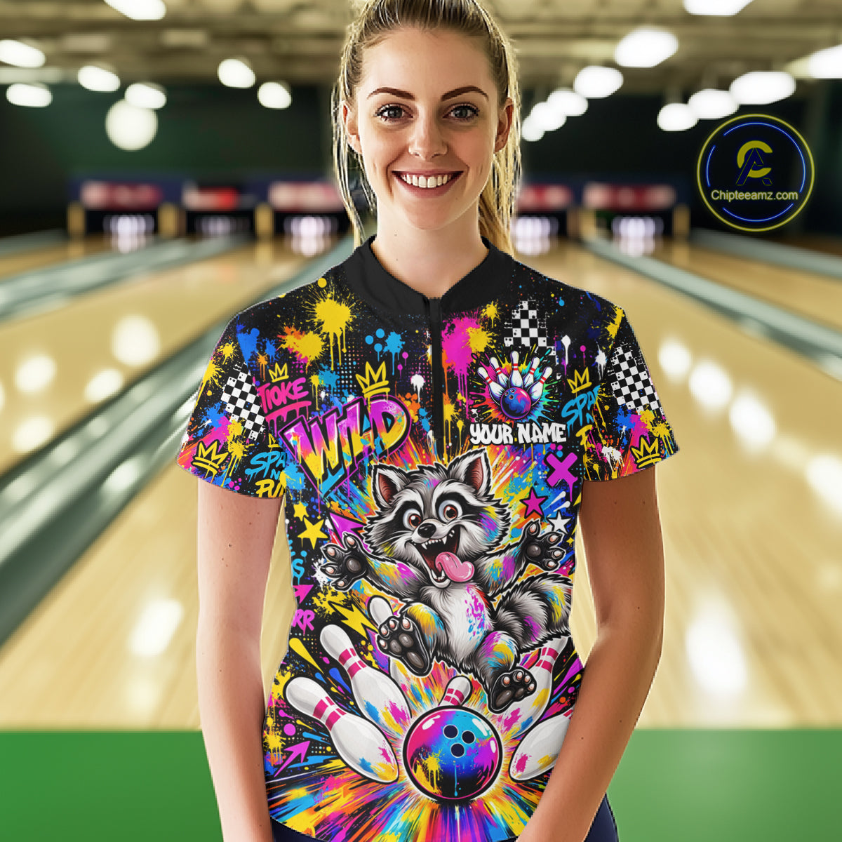 Funny Raccoon Bowling Polo 1/4-Zip Shirt Colorful Splatter Graffiti Bowling Team League