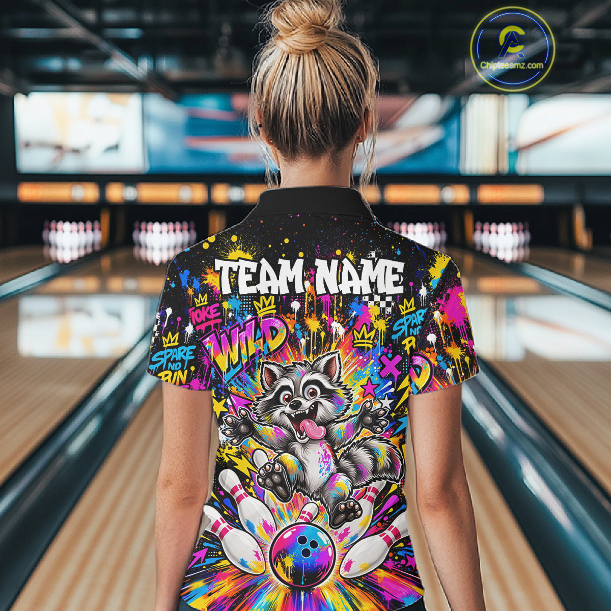 Funny Raccoon Bowling Polo 1/4-Zip Shirt Colorful Splatter Graffiti Bowling Team League