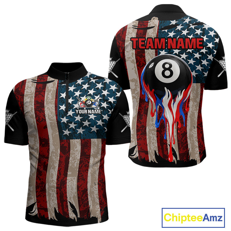 Grunge Dripping Pool 8 Ball Billiard Shirts Custom US Flag Patriotic Billiard Jerseys