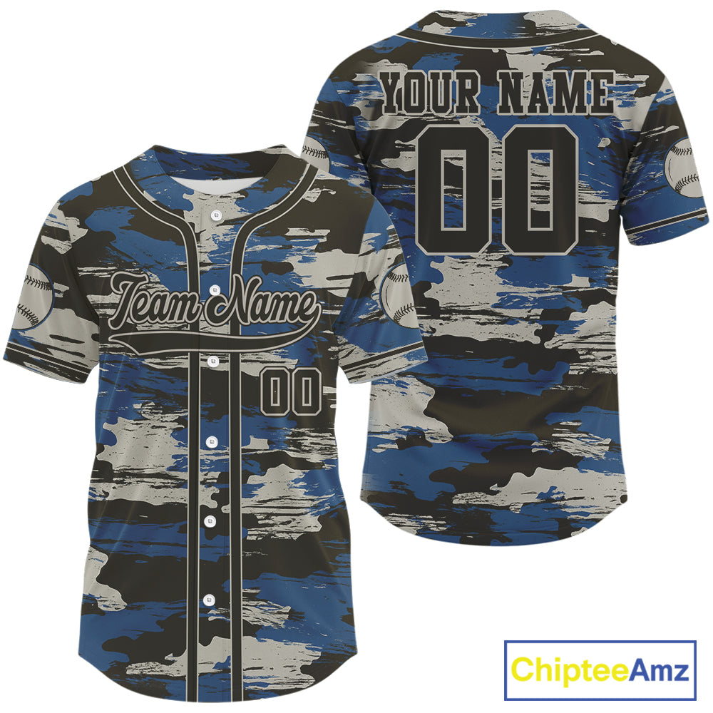 Blue Camouflage Baseball Jersey Personalized Grunge Baseball Shirt