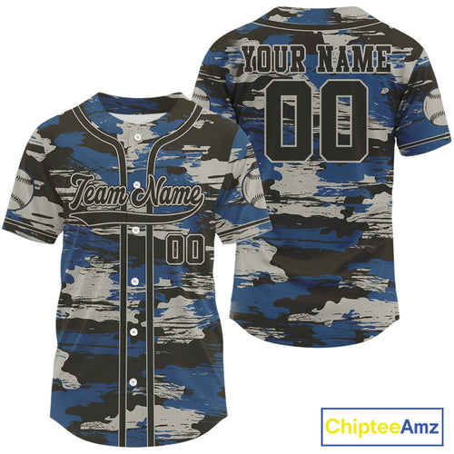 Blue Camouflage Baseball Jersey Personalized Grunge Baseball Shirt