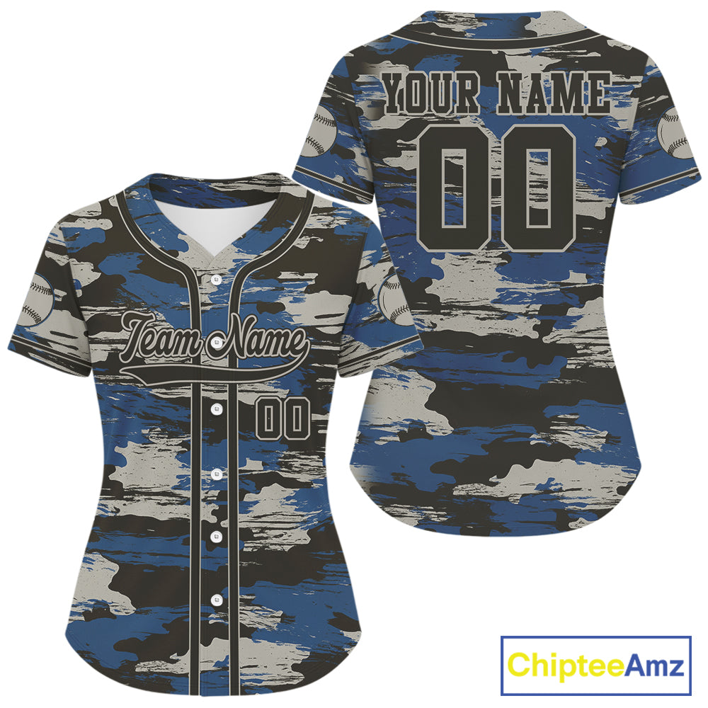Blue Camouflage Baseball Jersey Personalized Grunge Baseball Shirt