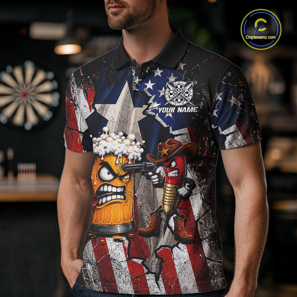 Angry Beer & Cowboy Dart Arrow Funny Dart Shirt Custom Texas-US Flag Dart Team Uniforms