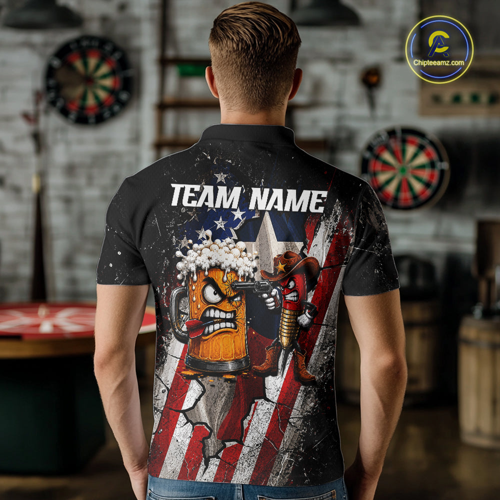 Angry Beer & Cowboy Dart Arrow Funny Dart Shirt Custom Texas-US Flag Dart Team Uniforms
