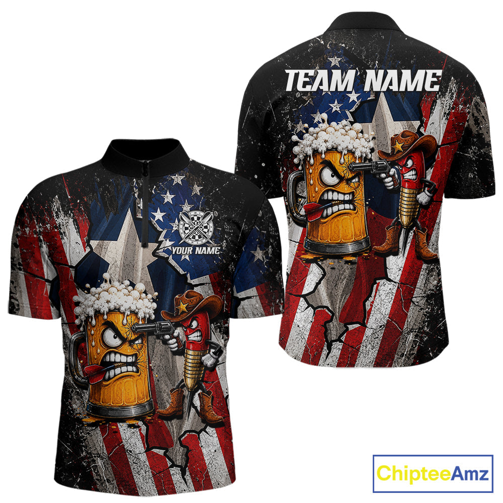 Angry Beer & Cowboy Dart Arrow Funny Dart Shirt Custom Texas-US Flag Dart Team Uniforms