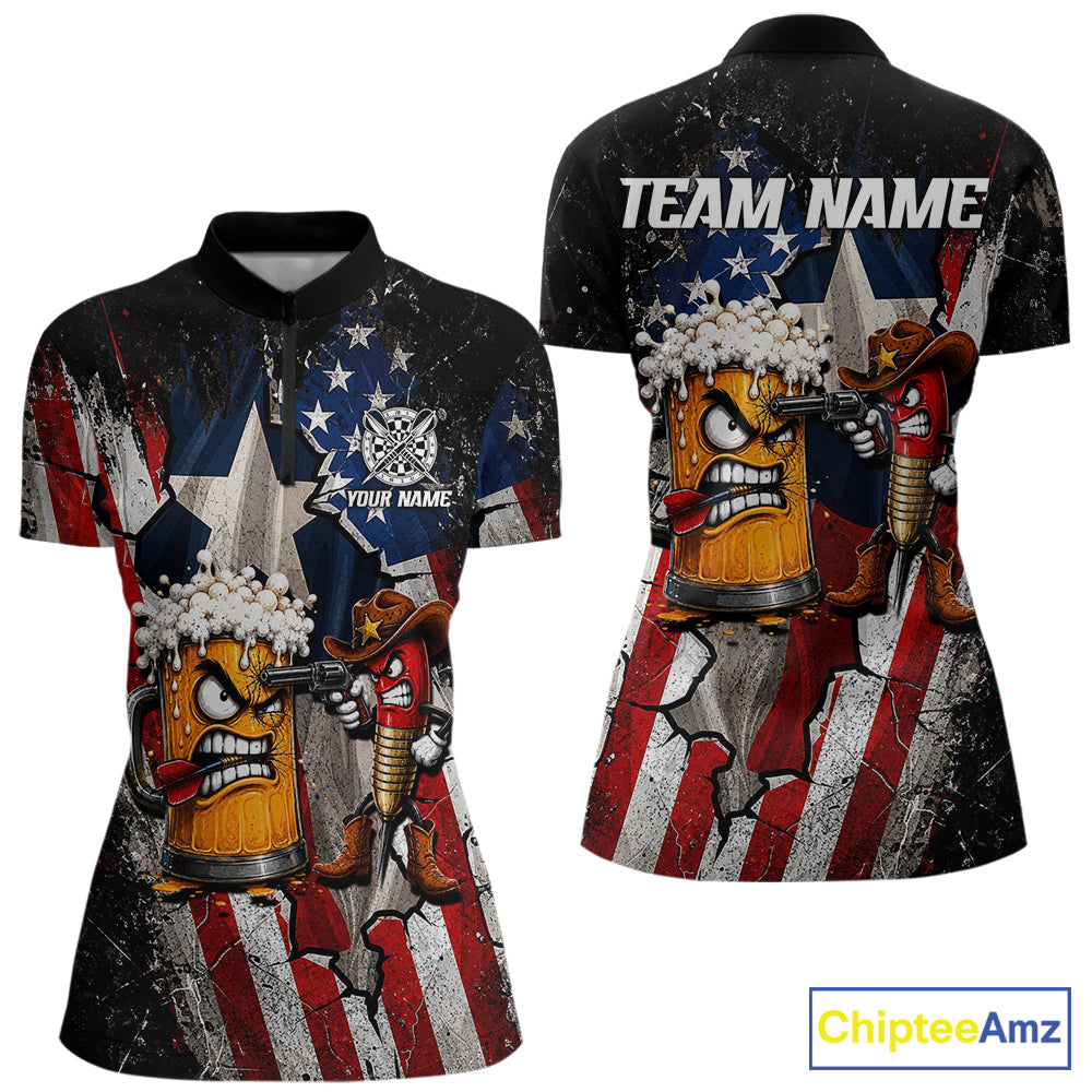 Angry Beer & Cowboy Dart Arrow Funny Dart Shirt Custom Texas-US Flag Dart Team Uniforms