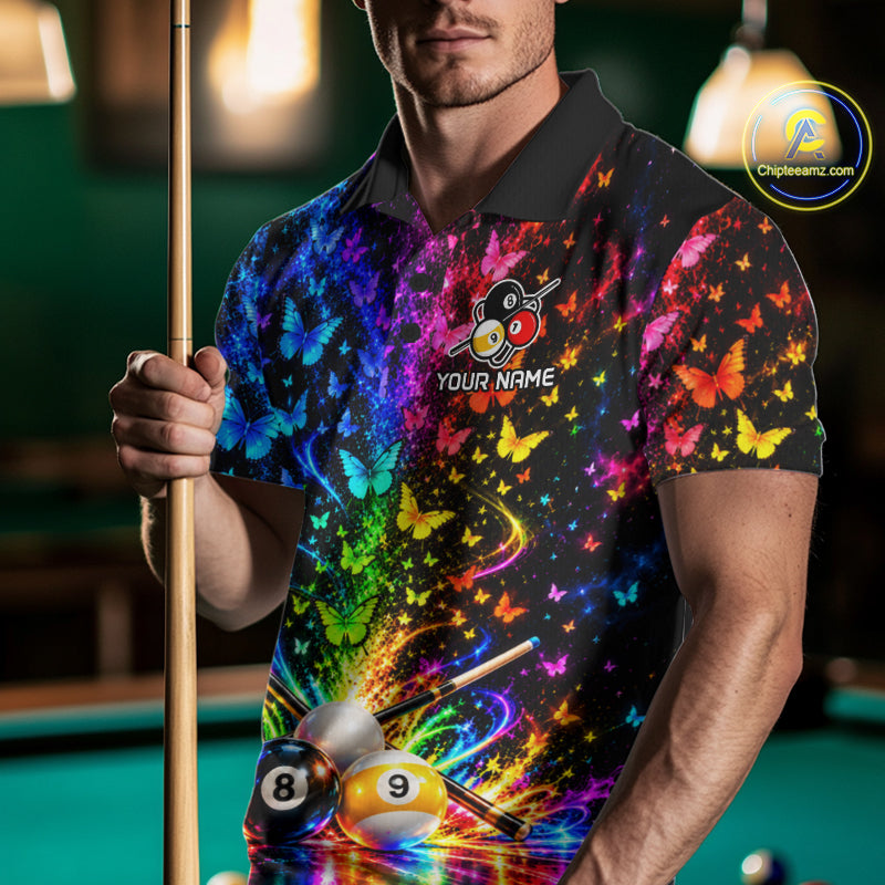 Custom 8 Ball Billiard Polo 1/4-Zip Shirt Neon Butterfly Pool Jersey Billiard League Shirt