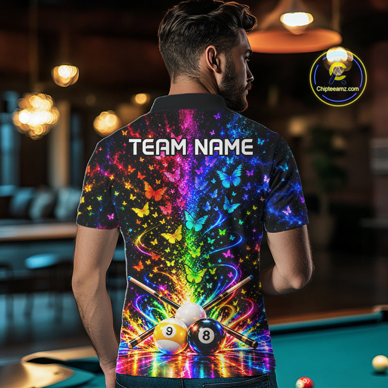 Custom 8 Ball Billiard Polo 1/4-Zip Shirt Neon Butterfly Pool Jersey Billiard League Shirt