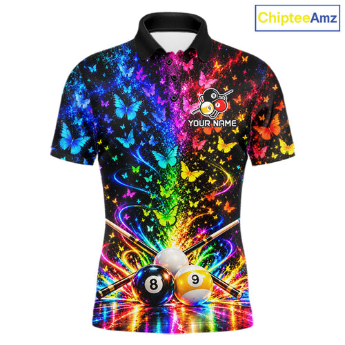 Custom 8 Ball Billiard Polo 1/4-Zip Shirt Neon Butterfly Pool Jersey Billiard League Shirt
