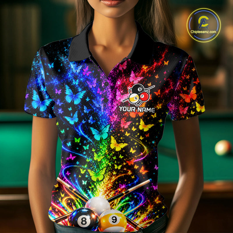 Custom 8 Ball Billiard Polo 1/4-Zip Shirt Neon Butterfly Pool Jersey Billiard League Shirt