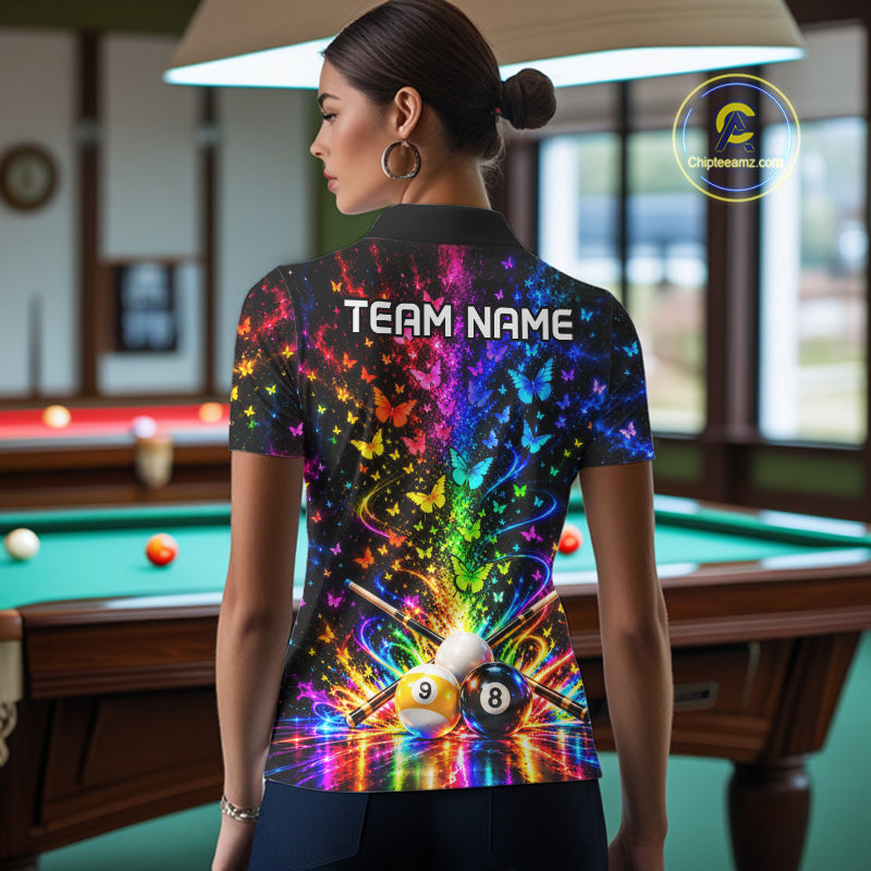 Custom 8 Ball Billiard Polo 1/4-Zip Shirt Neon Butterfly Pool Jersey Billiard League Shirt