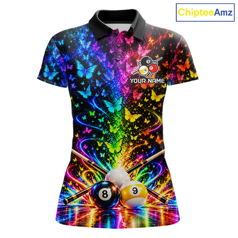 Custom 8 Ball Billiard Polo 1/4-Zip Shirt Neon Butterfly Pool Jersey Billiard League Shirt