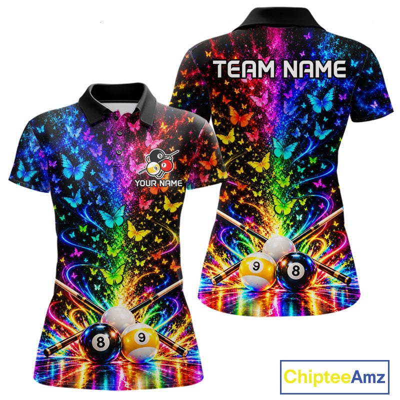 Custom 8 Ball Billiard Polo 1/4-Zip Shirt Neon Butterfly Pool Jersey Billiard League Shirt