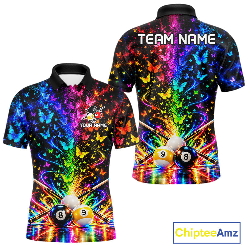 Custom 8 Ball Billiard Polo 1/4-Zip Shirt Neon Butterfly Pool Jersey Billiard League Shirt