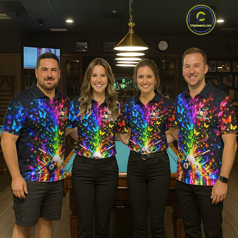 Custom 8 Ball Billiard Polo 1/4-Zip Shirt Neon Butterfly Pool Jersey Billiard League Shirt