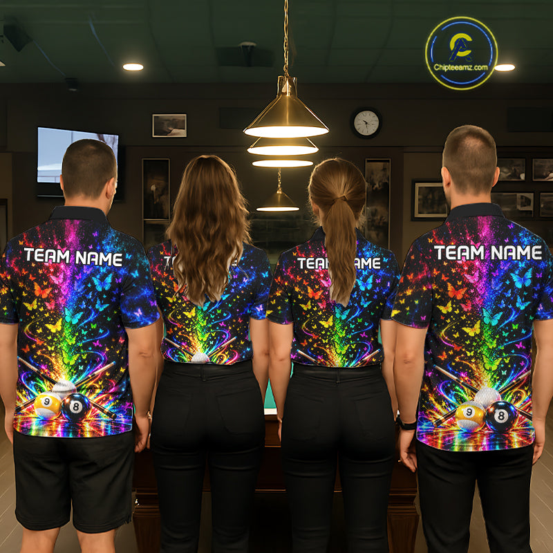 Custom 8 Ball Billiard Polo 1/4-Zip Shirt Neon Butterfly Pool Jersey Billiard League Shirt