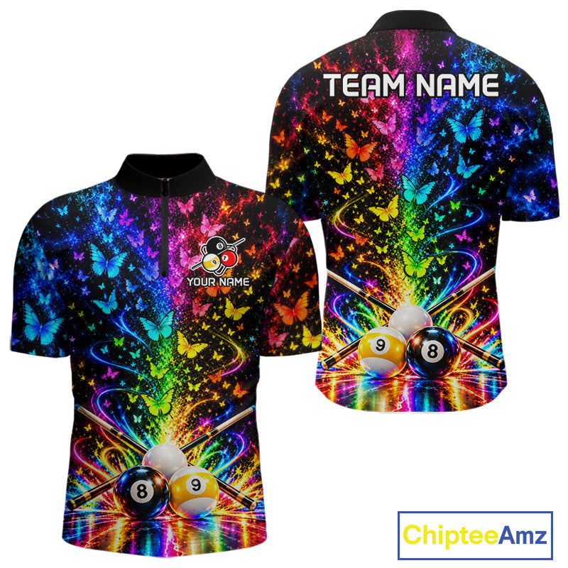 Custom 8 Ball Billiard Polo 1/4-Zip Shirt Neon Butterfly Pool Jersey Billiard League Shirt