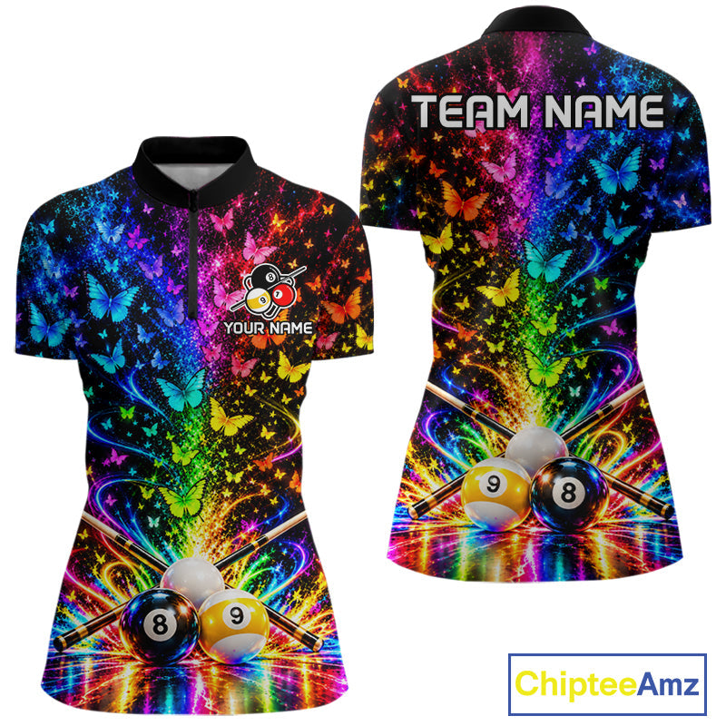 Custom 8 Ball Billiard Polo 1/4-Zip Shirt Neon Butterfly Pool Jersey Billiard League Shirt