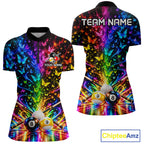 Custom 8 Ball Billiard Polo 1/4-Zip Shirt Neon Butterfly Pool Jersey Billiard League Shirt