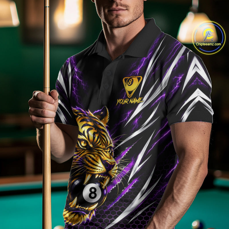 Scratch Tiger Billiard Polo 1/4-Zip Shirt Custom Purple Thunder 8 Ball Tiger Billiard Team Jersey