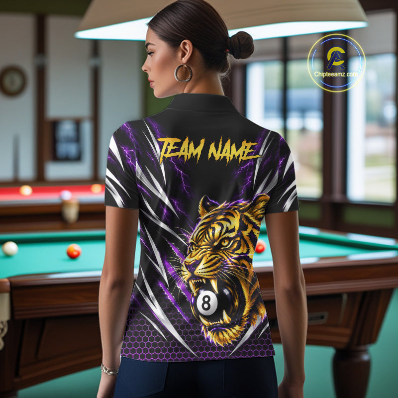 Scratch Tiger Billiard Polo 1/4-Zip Shirt Custom Purple Thunder 8 Ball Tiger Billiard Team Jersey
